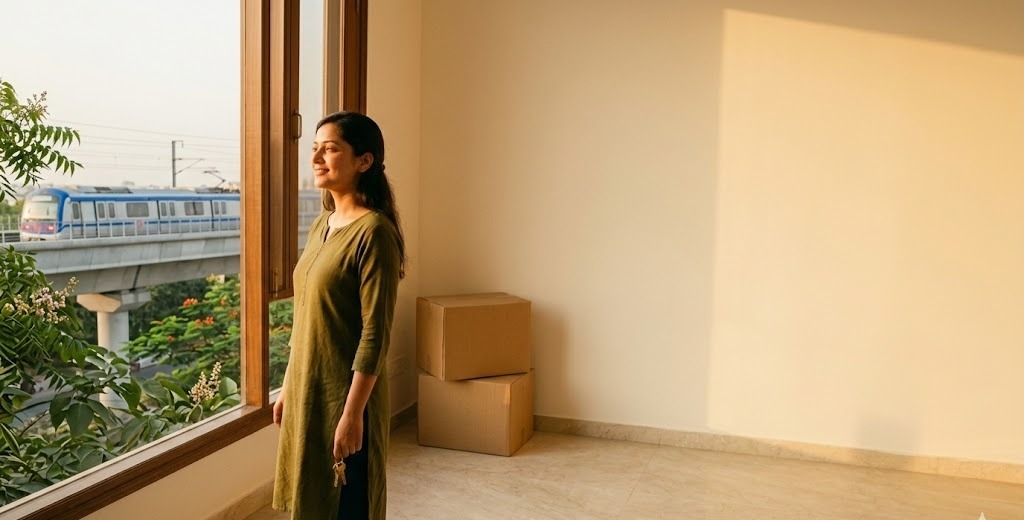 A young Indian tenant standing in her freshly painted Delhi apartment, looking out at the Delhi Metro through the window, holding the keys to her new home